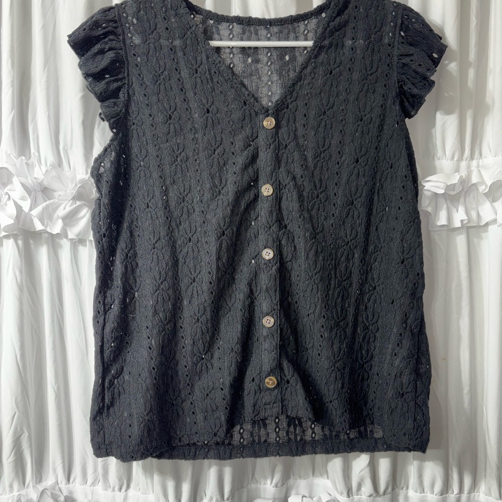 Elegant Black Eyelet Blouse with Button-Down Front